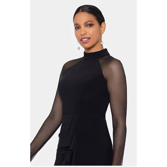 Betsy & Adam Women's Long Sheer Sleeve Mock NeckStretch Scuba Crepe Sheath Gown - Picture 2 of 14
